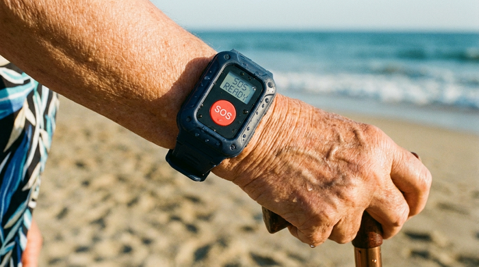 Wasserdichter Funksender als Armband am Handgelenk einer älteren Person
