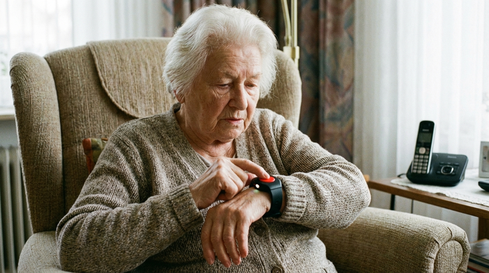 Seniorin betätigt testweise den roten Knopf am Hausnotruf-Armband