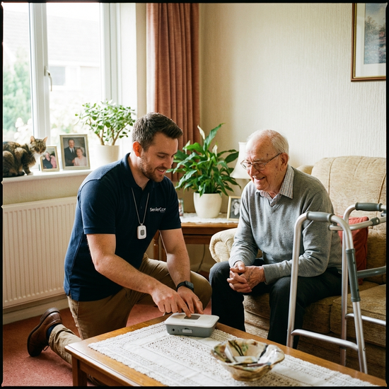 Freundlicher Techniker erklärt einem älteren Herrn die Funktionen des Hausnotruf-Gerätes im Wohnzimmer