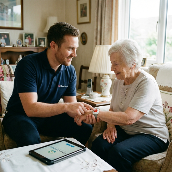 Techniker zeigt einer Seniorin, wie der Notruf-Knopf am Armband funktioniert