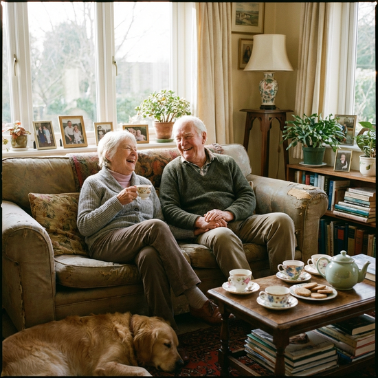 Glückliches älteres Ehepaar sitzt entspannt beim Tee im Wohnzimmer
