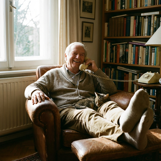 Zufriedener Senior telefoniert entspannt in seinem Sessel