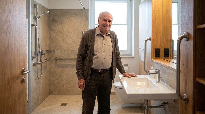 Ein älterer Herr steht sicher und entspannt vor einem modernen Waschbecken in einem barrierefreien Bad.