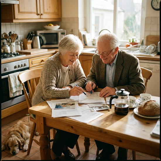 Ein älteres Ehepaar sitzt gemeinsam am Küchentisch und sieht Unterlagen durch.
