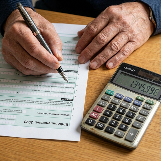 Nahaufnahme von Händen, die ein Formular ausfüllen, daneben liegt ein Taschenrechner.