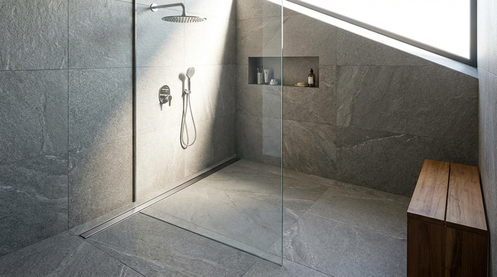 Eine ebenerdige Dusche mit modernem Ablauf und rutschfesten Fliesen.