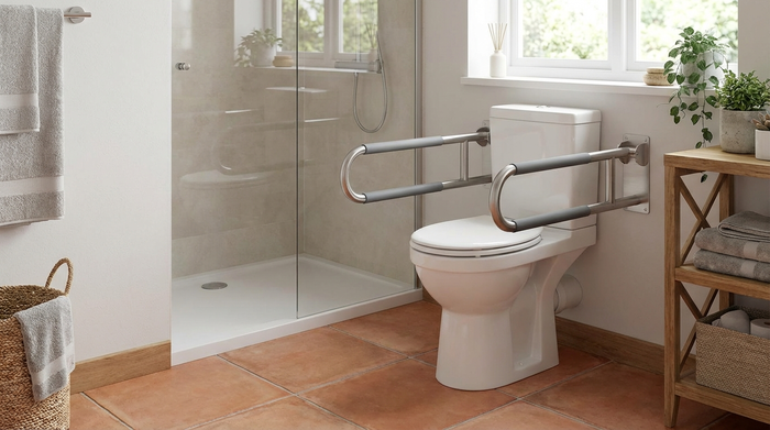 Ein erhöhtes WC mit stabilen, hochklappbaren Stützgriffen an beiden Seiten.