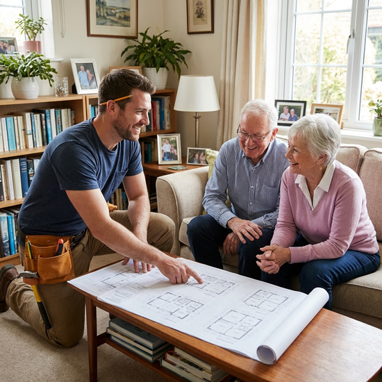 Ein freundlicher Handwerker bespricht Pläne mit einem Seniorenpaar im Wohnzimmer.