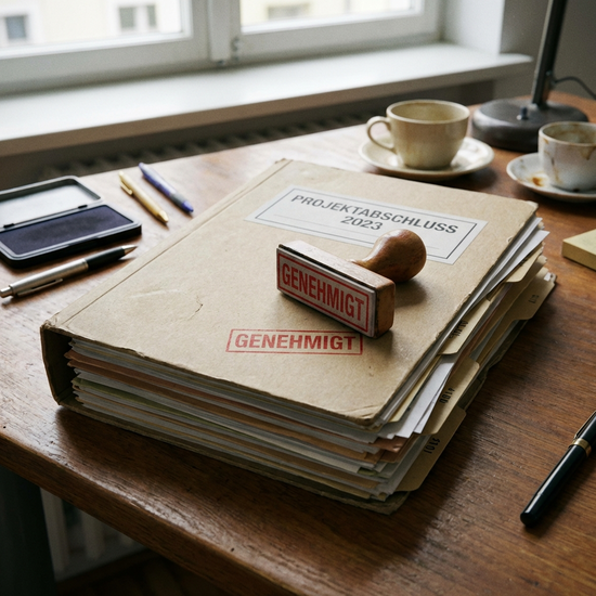 Ein Ordner mit sortierten Unterlagen, darauf liegt ein Stempel 'Genehmigt'.