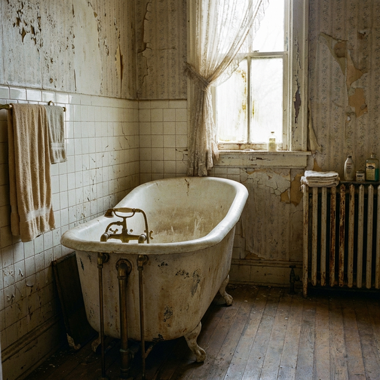 Eine alte, hohe Badewanne in einem etwas veralteten Badezimmer.