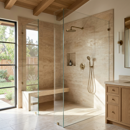 Die gleiche Stelle im Badezimmer, jetzt mit einer modernen, geräumigen Dusche anstelle der Wanne.