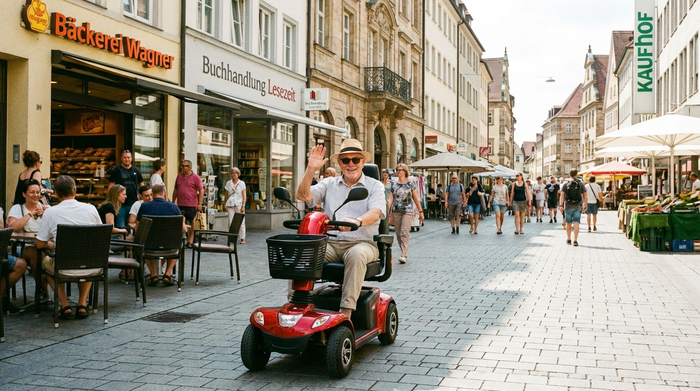 Senior fährt entspannt mit einem Elektromobil durch eine belebte Fußgängerzone an Geschäften vorbei