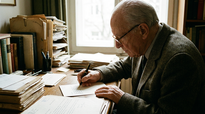 Senior sitzt am Schreibtisch und schreibt konzentriert einen Brief, Unterlagen liegen bereit