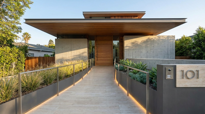 Moderner, barrierefreier Hauseingang mit einer flachen Rampe