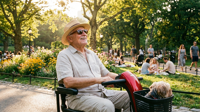 Glücklicher Senior genießt die Sonne auf seinem Elektromobil im Park