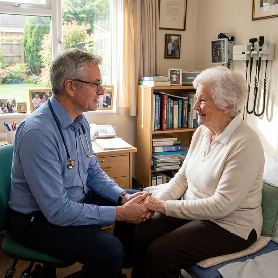 Arzt im Gespräch mit einer Seniorin in einem Behandlungszimmer