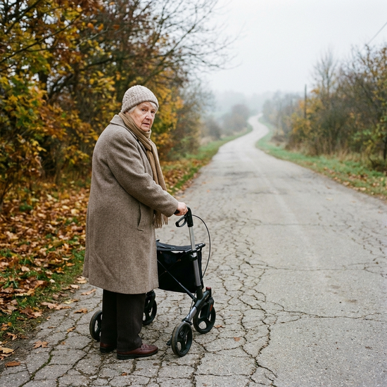 Seniorin steht auf einem Gehweg und blickt unsicher auf eine längere Wegstrecke