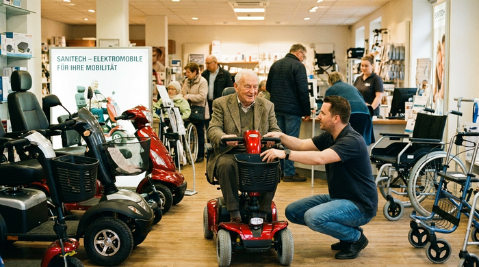 Senior lässt sich im Sanitätshaus verschiedene Elektromobile zeigen