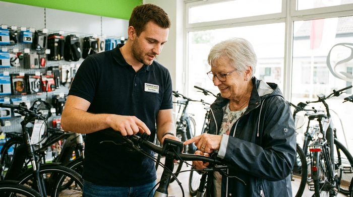 Fachberater erklärt einer Seniorin die Bedienungselemente am Lenker