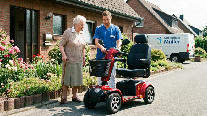 Mitarbeiter eines Sanitätshauses liefert Elektromobil und erklärt Details an der Haustür