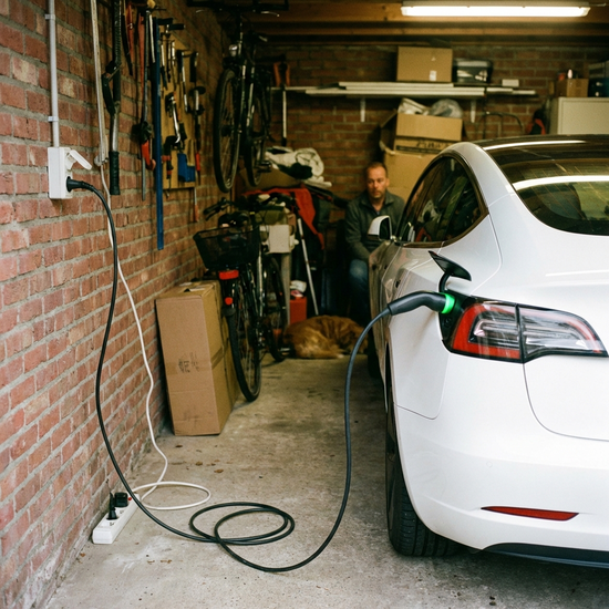 Elektromobil wird an einer normalen Steckdose in der Garage aufgeladen