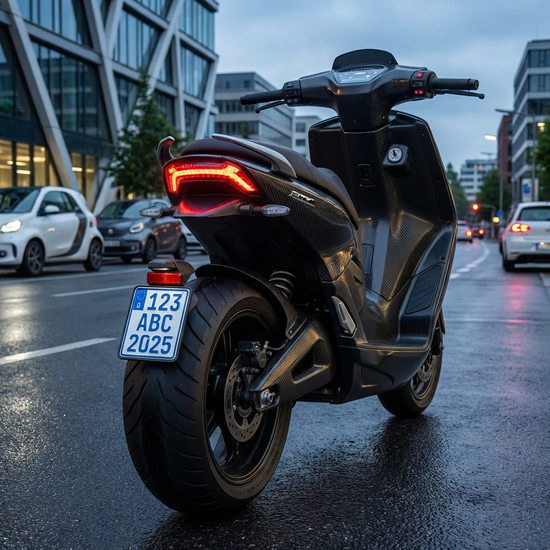 Versicherungskennzeichen an der Rückseite eines schnelleren Elektromobils