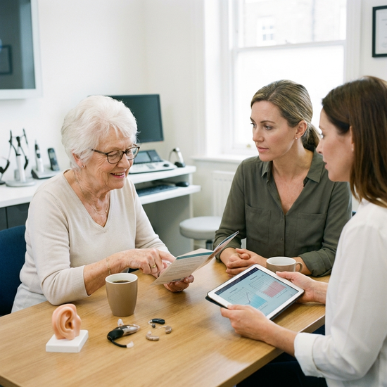 Seniorin und Hörakustikerin sitzen sich an einem Beratungstisch gegenüber und besprechen Unterlagen