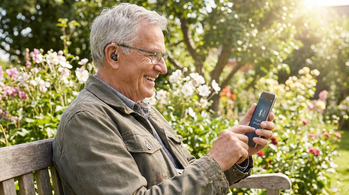Senior nutzt Smartphone im Garten, das per Bluetooth mit Hörgerät verbunden ist