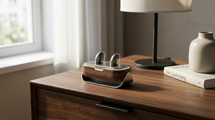 Zwei moderne Hörgeräte stehen in einer eleganten Ladeschale auf dem Nachttisch