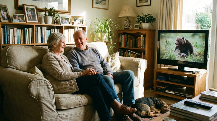 Älteres Paar sitzt entspannt auf dem Sofa und schaut gemeinsam fern