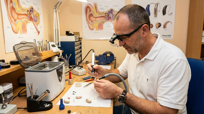 Hörakustiker reinigt ein Hörgerät professionell mit speziellem Werkzeug an seinem Arbeitsplatz