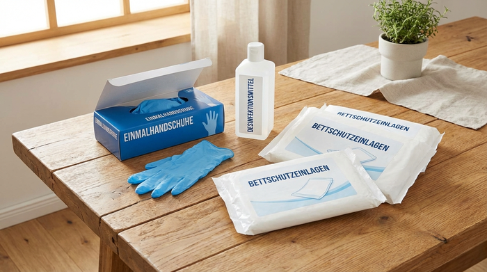 Sortiment an Pflegehilfsmitteln auf einem sauberen Holztisch: Einmalhandschuhe, Desinfektionsmittel und verpackte Bettschutzeinlagen.