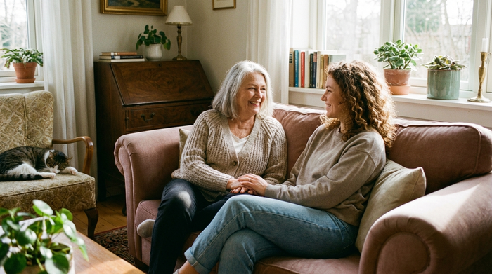 Seniorin und ihre Tochter sitzen gemeinsam entspannt auf einem Sofa im Wohnzimmer, beide lächeln.