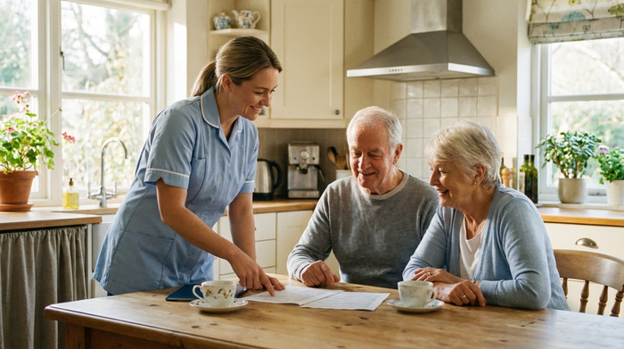 Freundliche Pflegerin erklärt einem älteren Ehepaar am Küchentisch Unterlagen, entspannte Atmosphäre.