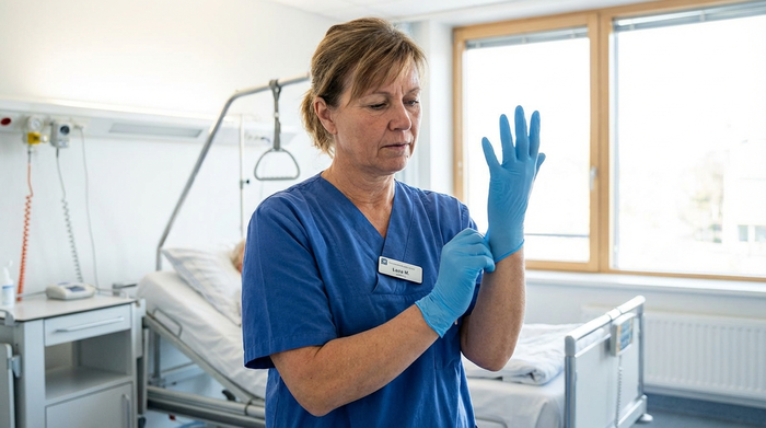 Pflegerin zieht frische blaue Nitril-Einmalhandschuhe an.