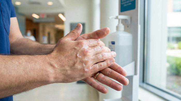 Händedesinfektionsmittel wird sorgfältig in den Händen verrieben.