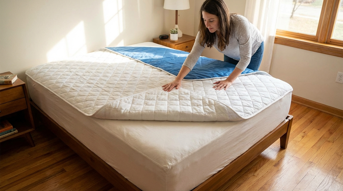 Saugfähige Bettschutzeinlage wird auf einer Matratze ausgebreitet.