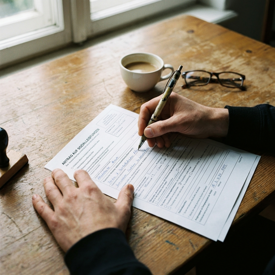 Hände füllen ein Antragsformular auf einem Tisch aus, daneben ein Stift.