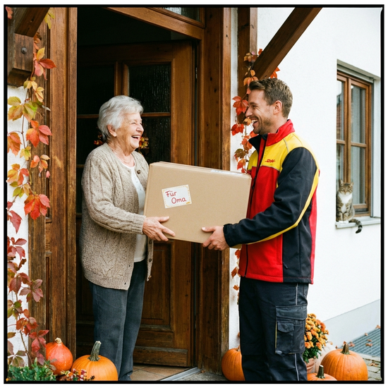 Postbote übergibt ein Paket an eine lächelnde Seniorin an der Haustür.