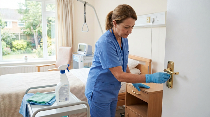 Pflegerin reinigt und desinfiziert sorgfältig eine Türklinke und den Nachttisch im Pflegezimmer.