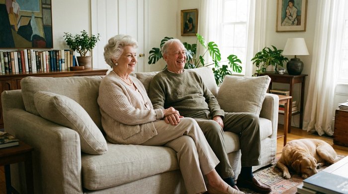 Glückliches Seniorenpaar sitzt entspannt auf dem Sofa, sie wirkt gepflegt und zufrieden.
