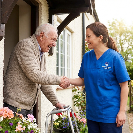 Pflegefachkraft im Gespräch mit einem Senior an der Haustür, freundliche Begrüßungsszene