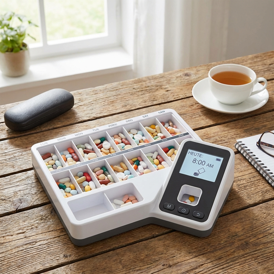 Medikamentendispenser mit sortierten Tabletten auf einem Tisch