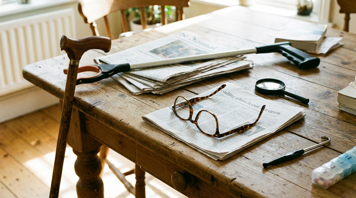 Verschiedene Alltagshilfsmittel wie Gehstock, Greifzange und Brille auf einem Tisch