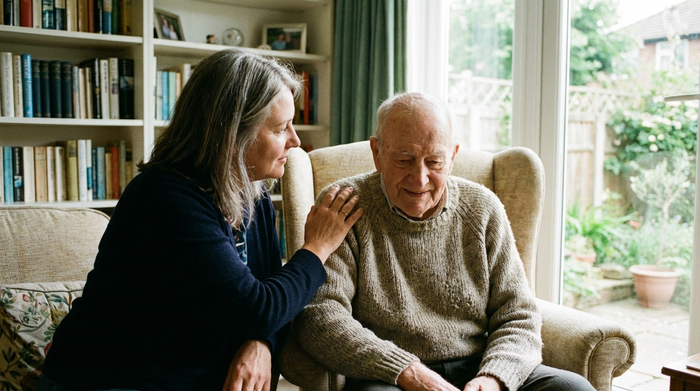 Angehörige legt beruhigend die Hand auf die Schulter eines Seniors
