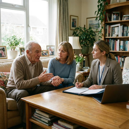 Drei Personen im Gespräch am Wohnzimmertisch: Senior, Angehörige und Fachkraft