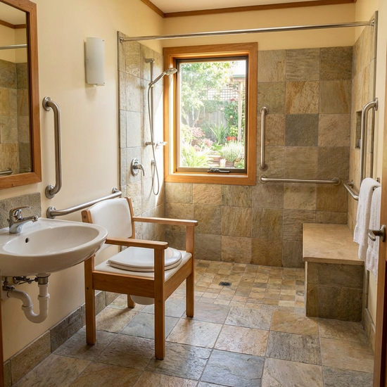 Blick in ein Badezimmer mit Toilettenstuhl neben dem Waschbecken