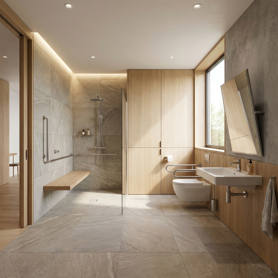 Modernes, barrierefreies Badezimmer mit ebenerdiger Dusche und Sitz