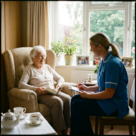 Seniorin sitzt entspannt im Sessel, während eine Fachkraft Notizen auf einem Klemmbrett macht