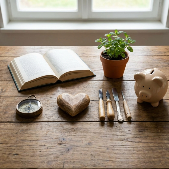 Übersichtliche Darstellung von sechs thematischen Symbolen auf einem Tisch, die verschiedene Lebensbereiche repräsentieren
